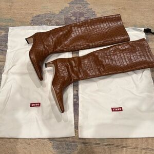 STAUD Brown Croc-Embossed Knee Boots